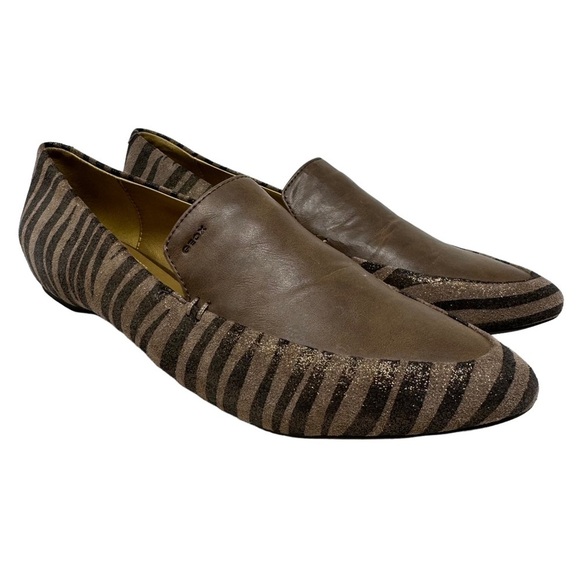 Geox Shoes Womens 37 US 7 Brown‎ Grey Animal Print Italian Leather Upper Flats - Picture 1 of 15